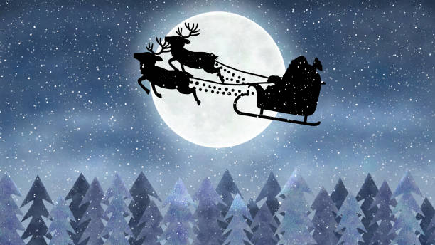 istock Santa Claus flying on a sleigh with night sky over full moon background 1692818930