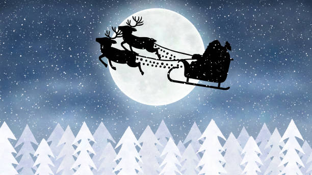 istock Illustration of a Christmas scene with Santa’s sleigh flying over a snowy forest 1692818938