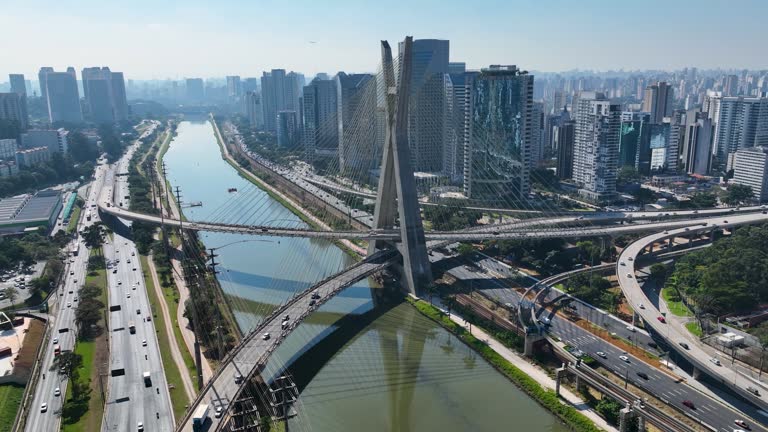 Cable Bridge At Downtown In Sao Paulo Brazil.