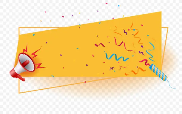 Vector illustration of flat geometric sale banner with colorful confetti and megaphone