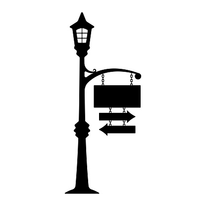 Lamp post with signboard icon. Signpost. Black silhouette. Front side view. Vector simple flat graphic illustration. Isolated object on a white background. Isolate.