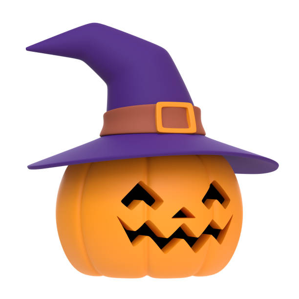 Jack-o-Lantern pumpkins wearing witch hat isolated on white background. Happy Halloween concept. Traditional october holiday. 3D render illustration