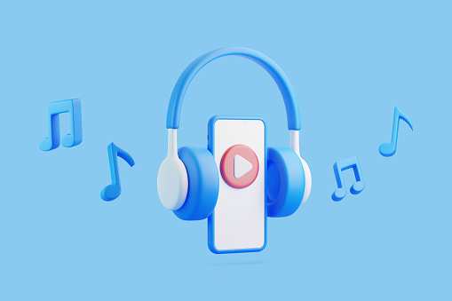 Cartoon headphones, smartphone and melody note with play symbol flying on blue background. Concept of listening to music, radio, podcasts and books. Minimal creative concept. 3D render illustration