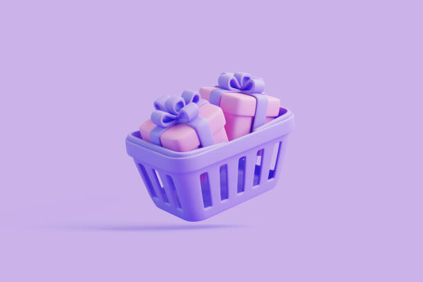 istock Flying cartoon shopping basket with gift boxes on purple background 1692848331