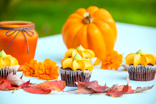 Fall pumpkin spice cupcakes with creamy frosting and autumn toppings. Close up against a rustic wood background.