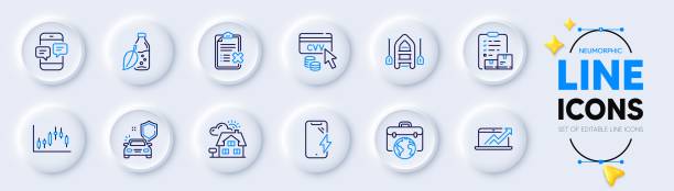Candlestick graph, Reject checklist and Smartphone charging line icons for web app. Pictogram icon. Vector Candlestick graph, Reject checklist and Smartphone charging line icons for web app. Pack of Boat, real estate agent, Sales diagram pictogram icons. Water bottle, Businessman case, Car secure signs. Vector cvc stock illustrations