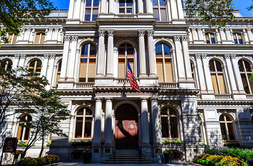 Boston, Massachusetts, USA - September 17, 2023:  Boston's Old City Hall was home to its city council from 1865 to 1969. Old City Hall, built between 1862 and 1865, is located at 45 School Street, along the Freedom Trail between the Old South Meeting House and King's Chapel. The city government moved to the  current Boston City Hall in 1969.