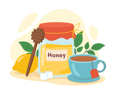Tea composition concept. Stick with honet in glass near cup or mug with hot drink. Traditional morning food. Poster or banner. Cartoon flat vector illustration isolated on white background