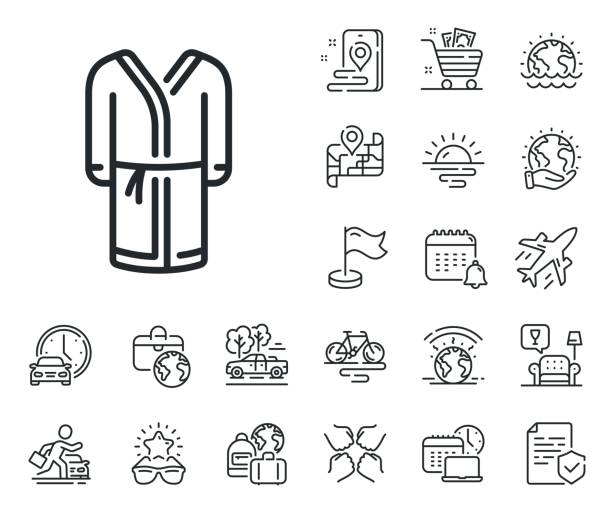 Bathrobe line icon. Housecoat robe sign. Plane jet, travel map and baggage claim. Vector Housecoat robe sign. Plane jet, travel map and baggage claim outline icons. Bathrobe line icon. Fabric dressing gown symbol. Bathrobe line sign. Car rental, taxi transport icon. Place location. Vector airport sunrise stock illustrations