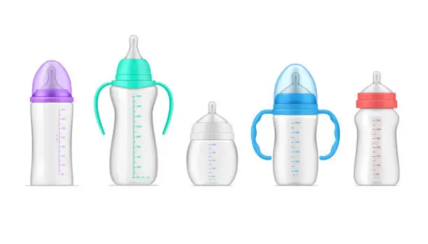 Vector illustration of Baby formula bottle different shape color set realistic vector illustration