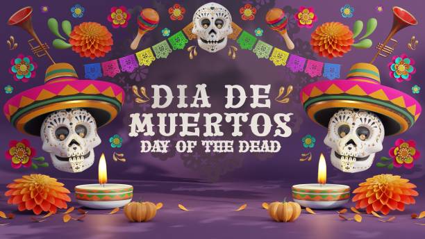 istock 3d rendering illustration for Day of the Dead, Dia de muertos altar concept. Composition of cute sugar skulls, white candles, marigold flowers of the dead. 3d illustration. 1693001323