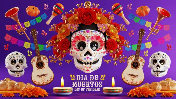 istock 3d rendering illustration for Day of the Dead, Dia de muertos altar concept. Composition of cute sugar skulls, white candles, marigold flowers of the dead. 3d illustration. 1693001324