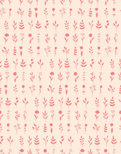 Vector illustration of Seamless repeating pattern with plants and blooming flowers. Organic cosmetics with herbal botany silhouette. Concept for natural eco products. for postcards, banners, templates and wrapping paper.