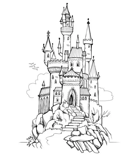 Vector illustration of Fantasy illustration of medieval castle. Fairyland kingdom. Black and white page for coloring book. Worksheet for drawing and meditation for children and adults. Ancient architecture.