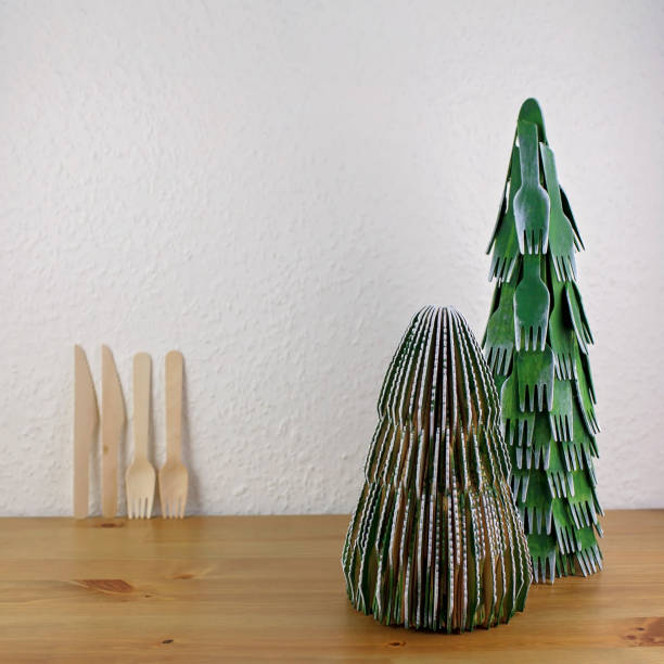 DIY Christmas tree from wooden cutlery. Eco-friendly, zero waste with kids, text space