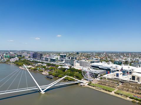 Aerial view of Brisbane city and the Brisbane River, Queensland, Australia looking towards Southbank precinct.