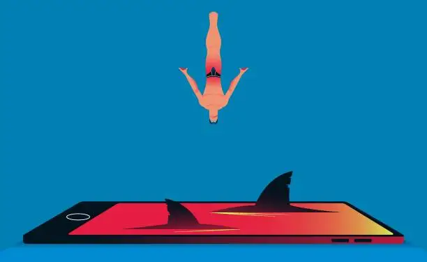 Vector illustration of Man diving into a smartphone with sharks vector illustration