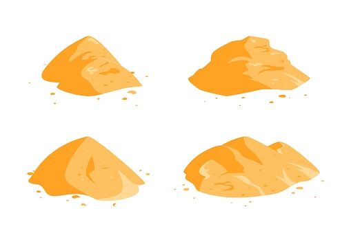 Sand pile icons. Vector cartoon illustration of yellow sandy heaps.
