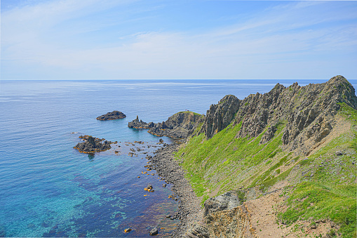 Panoramic view of scenic fjord with crystal blue sea and Mountain View from above during summer time in South Norway, Scandinavia