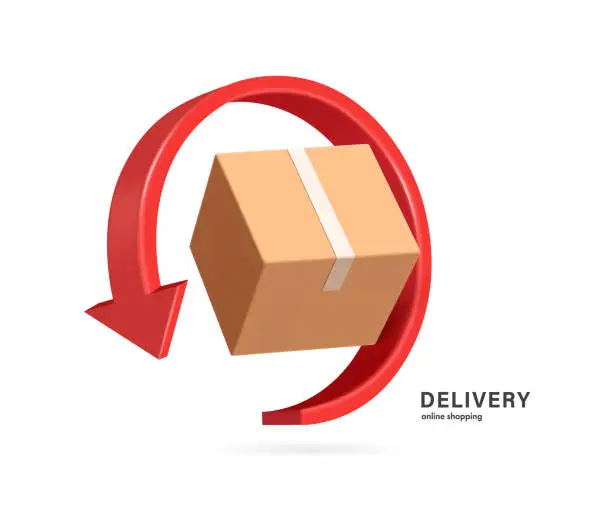 Vector illustration of red arrow rotates around parcel box or cardboard box to represent recycling of paper or to signify that parcel box is being returned to sender