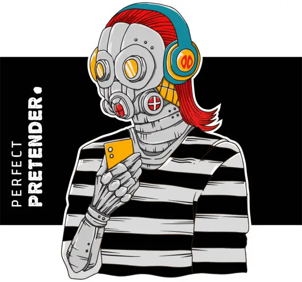 Vector illustration of An original character of a human wearing a mask and holding phone with words 'perfect pretender'. Suitable for t-shirt design, apparel, poster, wallpaper, background, etc