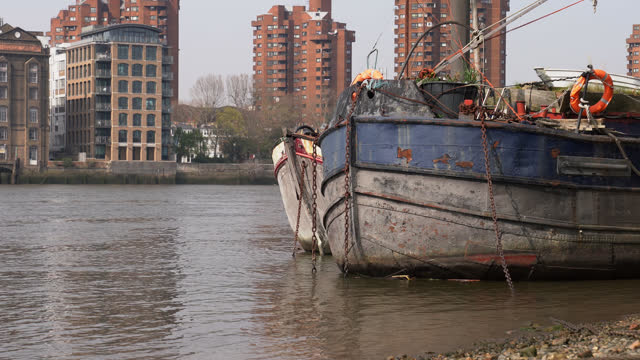Wood Boats On The Thames River In Battersea Area