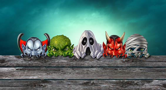 Group Of Monsters and Monster banner with Mummy ghost and vampire monsters peeking behind old wood with an angry creepy green zombie mutant hiding behind a billboard as a halloween design with 3D illustration elements.