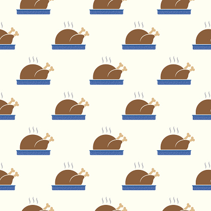 Vector seamless pattern of cooking turkeys on a cream colored background.