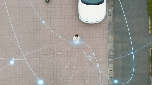 istock Young woman using a smart phone and wireless communication network concept. Aerial view. Internet of Things. 5G. 1693104640