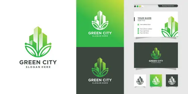 Vector illustration of Green city  anda business card, icon, health, place, building, Premium Vector