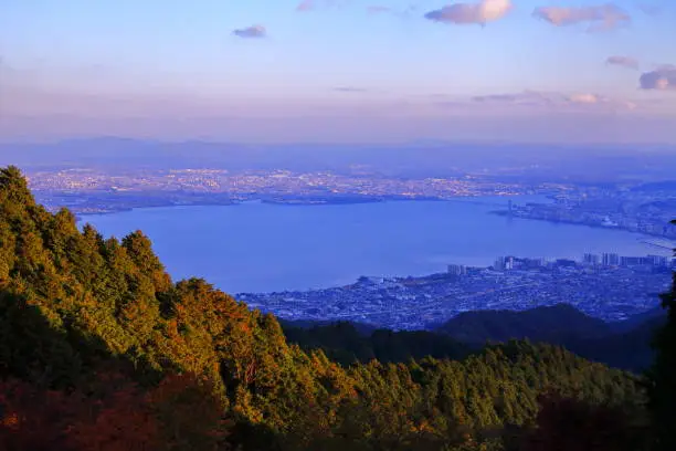 Autumn leaves and sunset view of Lake Biwa seen from Mt. Hiei