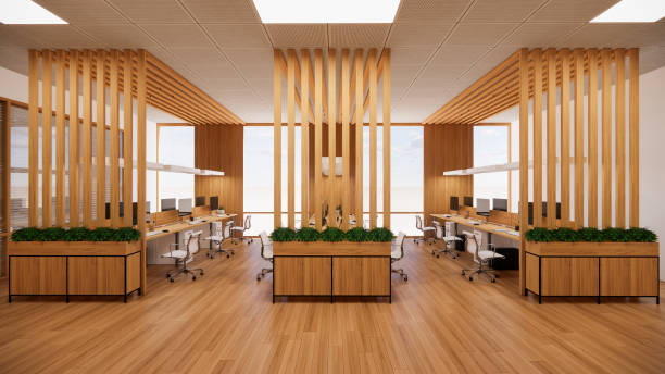 istock Interior Empty Modern Loft Office open space modern office footage.Modern open concept Lobby and reception area meeting room design. 3dRendering . 1693105108