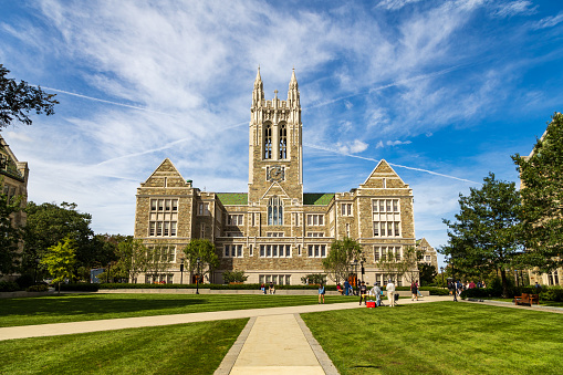 Newton, MA - September 15, 2023: Gasson Hall on the Boston College campus, designed by Charles Donagh Maginnis in 1908, it represents collegiate gothic architecture.