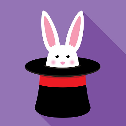 Vector illustration of a cute white rabbit peeking out of a magicians hat.
