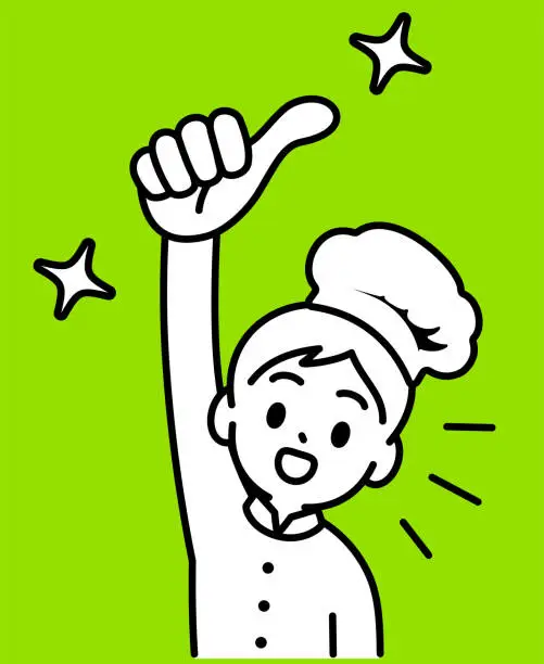 Vector illustration of A chef boy raising his right hand, giving a thumbs up, looking at the viewer, minimalist style, black and white outline