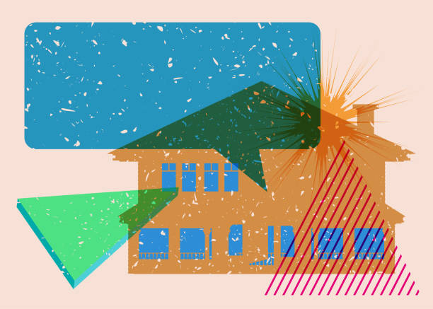istock Risograph Halloween Abandoned Ghost House and speech bubble with geometric shapes. Object in trendy riso graph design. Geometry elements abstract print texture style. 1693111972