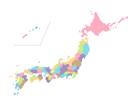 Vector illustration of Japan map (map drawn with square dots) | Colors are changed for each prefectures