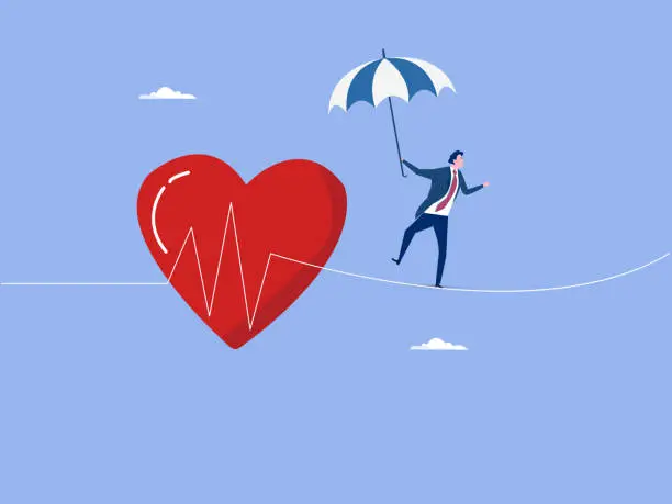 Vector illustration of Health insurance, medical risk or healthcare protection, patient security or disease and illness care concept, strong man with umbrella protection walk on risky heart pulse rate as rope walking.