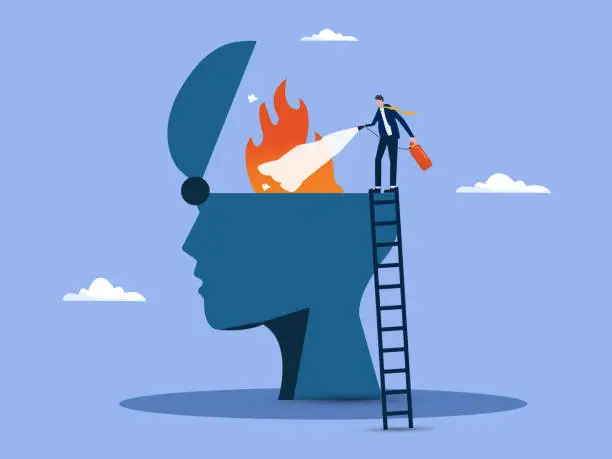Vector illustration of Therapy to cool down burning mind or anger, reduce burnout or mental illness, depression, cure anxiety and stress concept, man with fire extinguisher try to extinguish burning fire on human head.