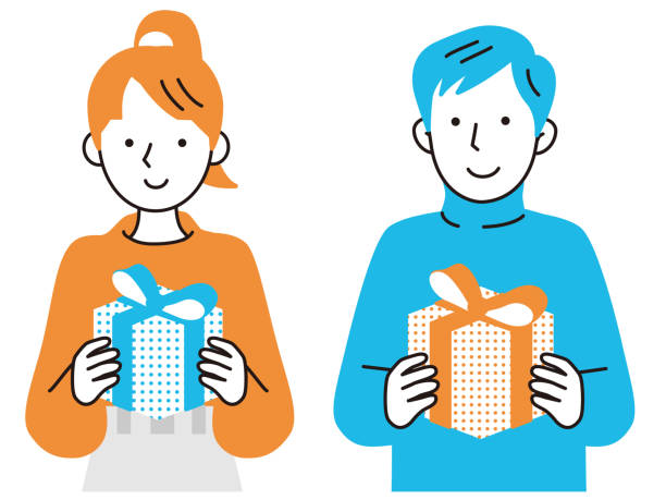 widok z przodu młodej kobiety i mężczyzny trzymających prezent w obu rękach - women gift style fashion stock illustrations