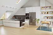 Modern Kitchen In Attic With White Cabinets, Kitchen Island, Dining Table And Chairs
