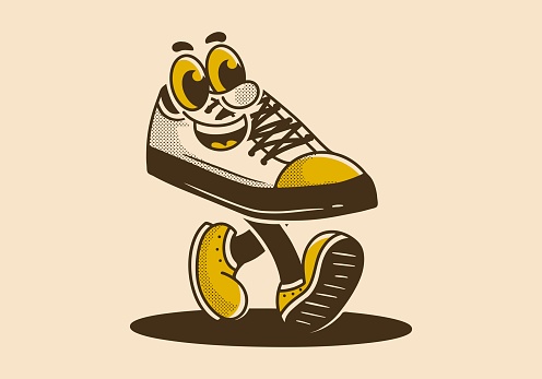 Mascot character illustration of walking shoe in vintage or retro style