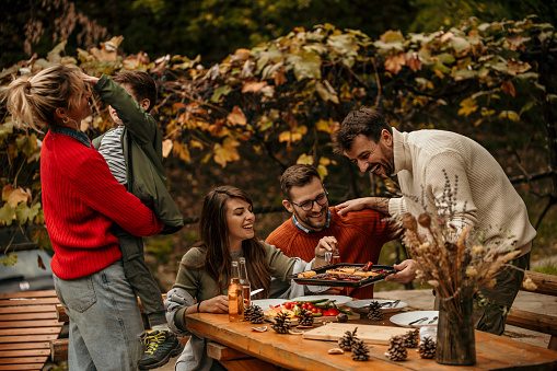 Laughter and conversation fill the air as a group of friends bond over a delectable garden lunch