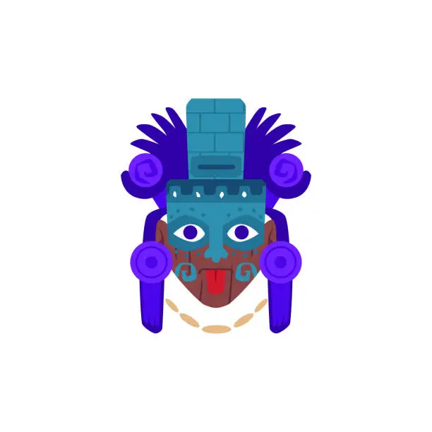 Vector illustration of Mayan idol decorated mask, Aztec totem face, religious symbol, tribal tiki warrior mask vector isolated illustration