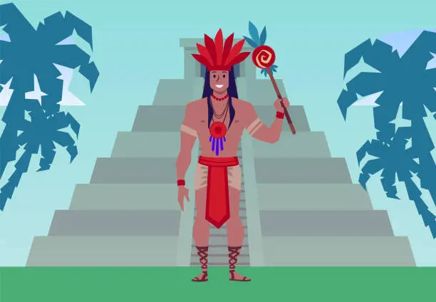 Vector illustration of Smiling man in traditional Maya civilization costume with feathers standing in front of pyramid