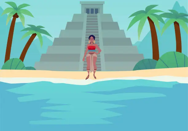 Vector illustration of Smiling woman in Maya civilizational traditional costume standing in front of pyramid