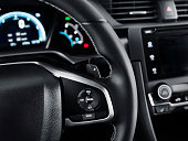 Speed control and mode selectors on the multifunction steering wheel inside a vehicle