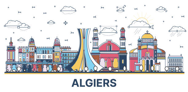 outline algiers algeria city skyline with colored modern and historic buildings isolated on white. - 阿爾基爾 幅插畫檔、美工圖案、卡通及圖標