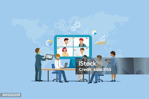 istock Business team online conference, brainstorming, analyzing business graph chart in meeting room. Tele communication and wireless technology for business analysis success growth and achievement.  Vector 1693263339