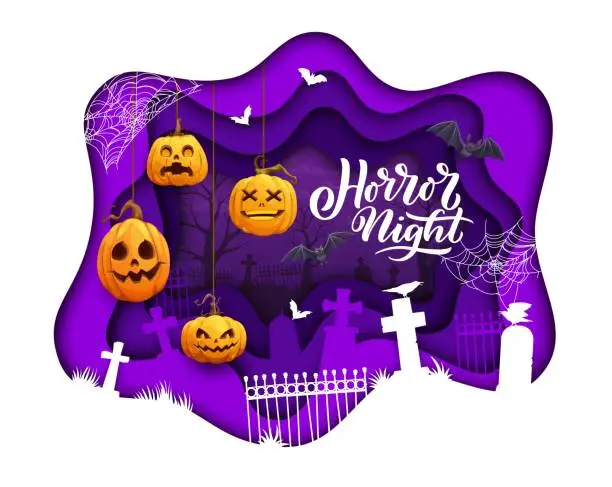 Vector illustration of Halloween paper cut banner, pumpkins on cemetery